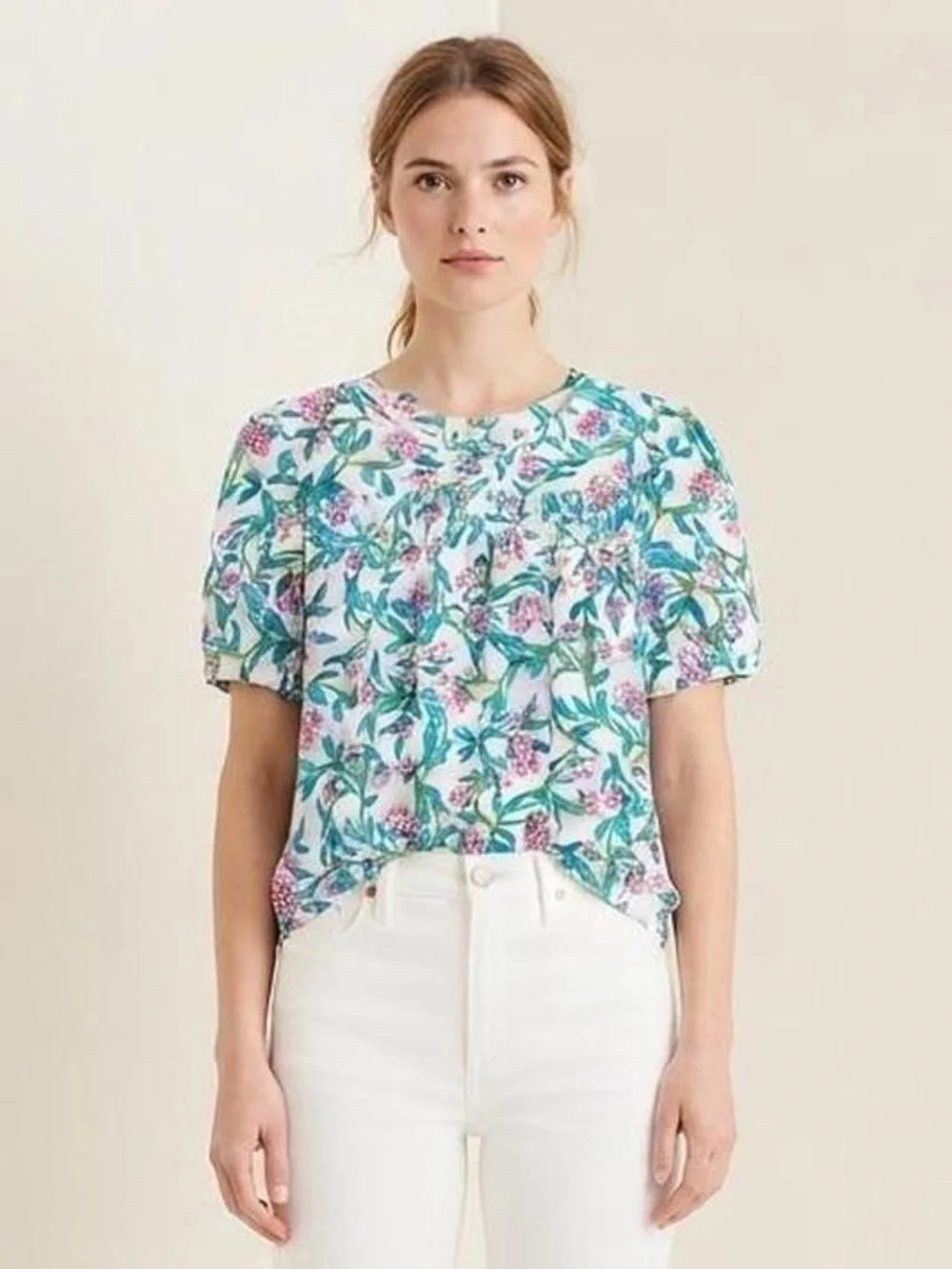 J. Crew 100% Cotton Puff Sleeve Bright Blue and Pink Floral Blouse